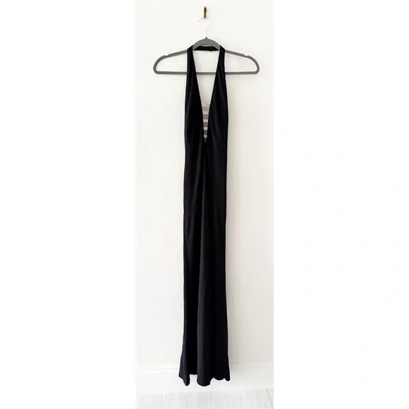 Vintage 90s Lillie Rubin Rhinestone Back Detail Halter Neck Black Formal Gown XS - Picture 2 of 10